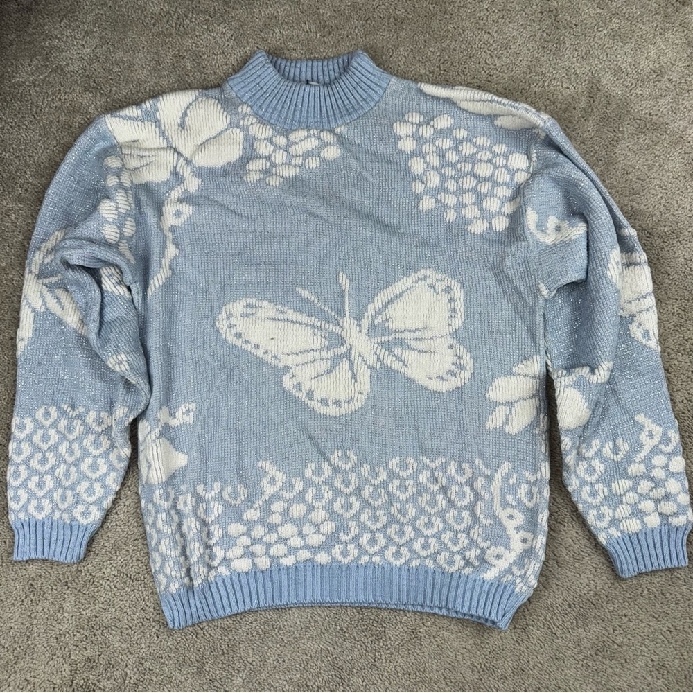 Vintage‎ Glamour Knit Butterfly Mock Neck Sweater Blue Metallic Shimmer USA Made